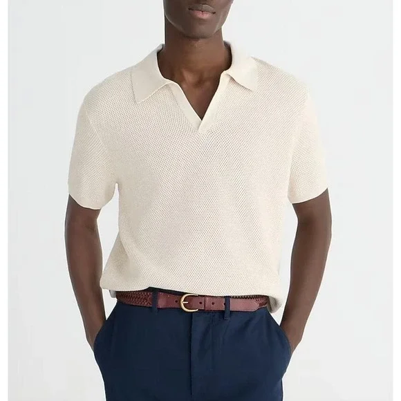 J. Crew Men's Red Short-sleeve cotton mesh-stitch johnny-collar sweater-polo NWT - Picture 7 of 7